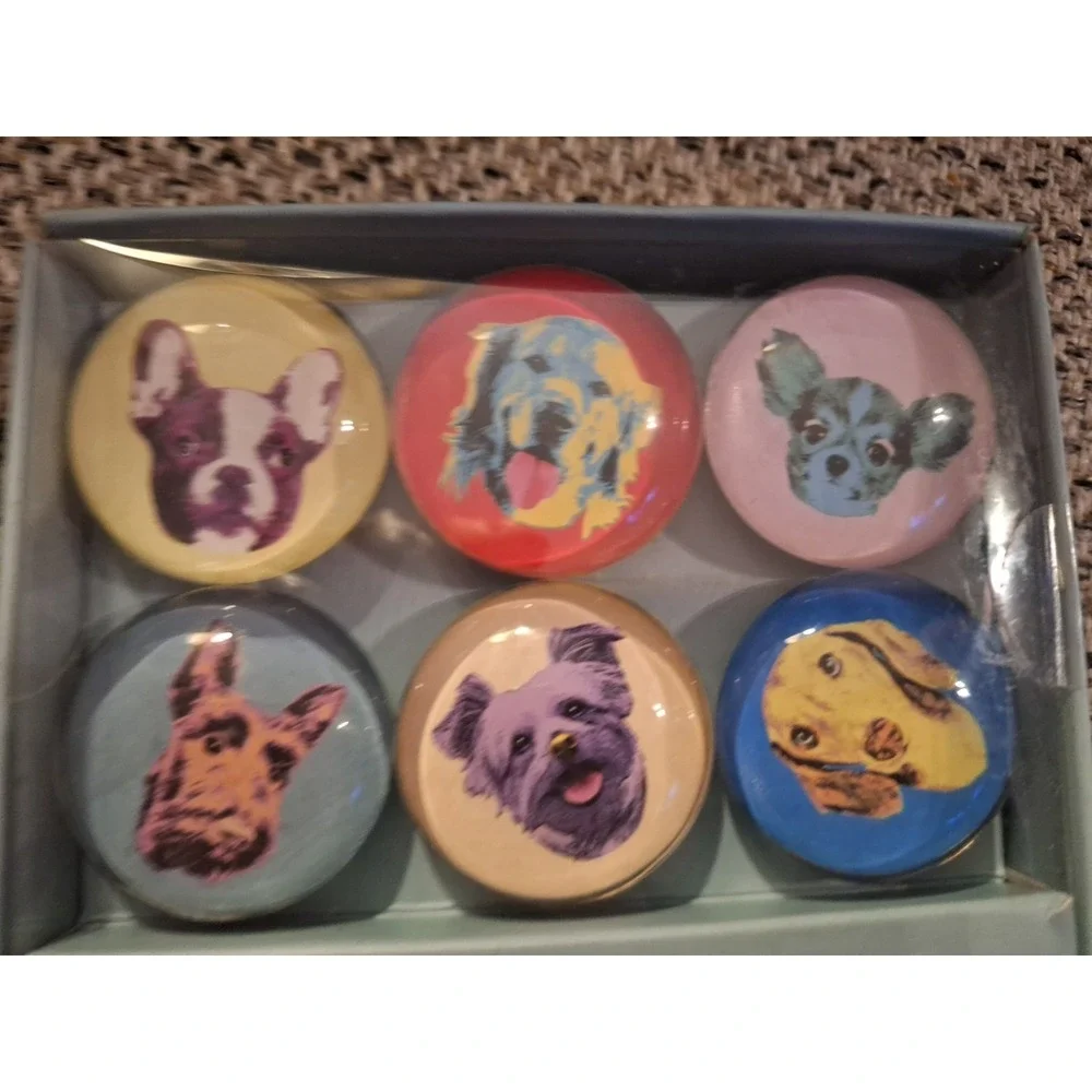 Fringe Set of 6 Glass Magnets with Assorted Dogs Faces New in Box‎
